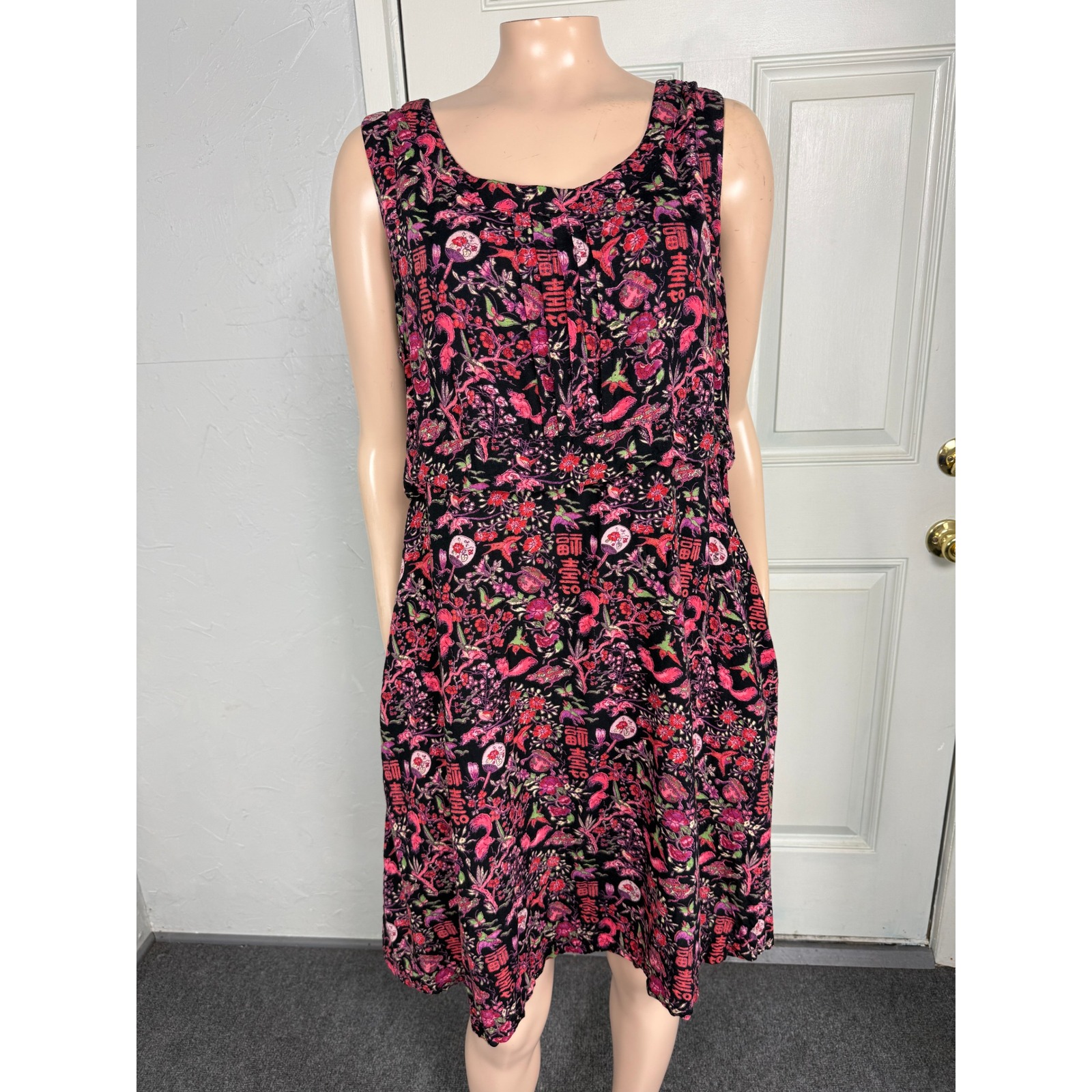 April Cornell Dress Large Floral Bohemian Rayon Novelty Bird Squirrel Pocket D27